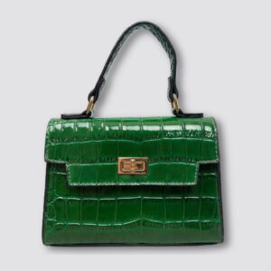 Mini sac à main noir en croco simili-cuir vert modele vue en 3D de face