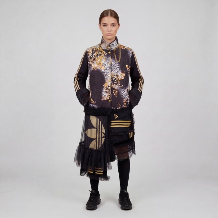 Manteau "golden touch" d'inspiration Adidas conçu à partir de différentes pièces upcyclées par la créatrice Aliona Sama