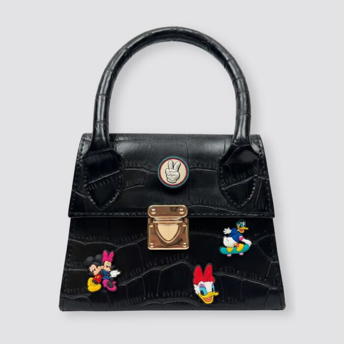 Mini sac à main noir customisé avec personnages Disney texture croco vintage en similicuir