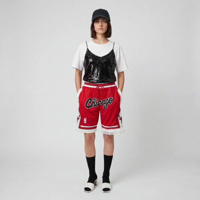 Short Chicago Bulls upcyclé "jarretière de mariée" avec dentelles, perles et sequins vue de plein pied de face streetwear Aliona Sama, créatrice basée à Paris