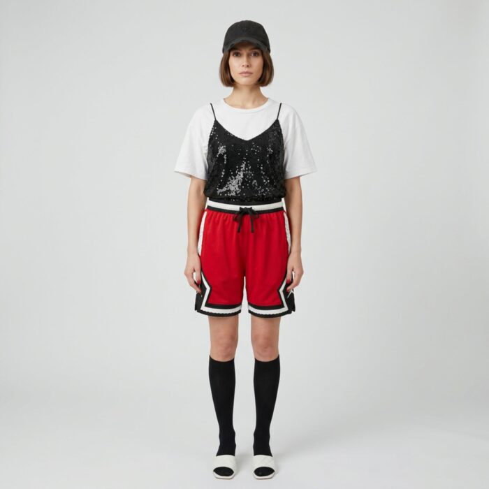 Short NBA Jordan & dentelle anglaise vue de face plein pied upcyclé par Aliona Sama